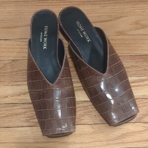 Brown Croc-Embossed Mules